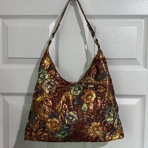 VTG Y2K Metallic Brown Whimsy Floral Purple Beaded Boho Fairy Hobo Shoulder Bag